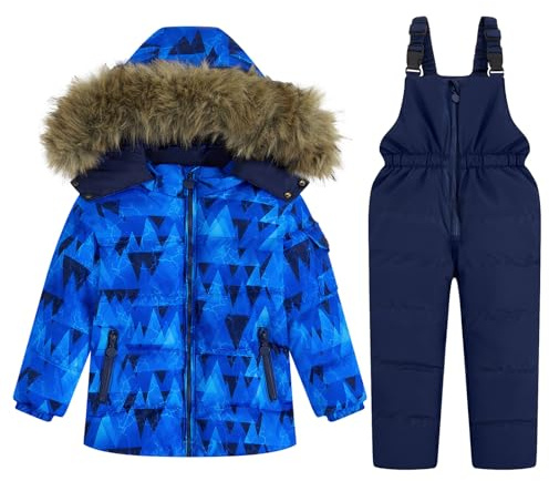 JiAmy Kids 2 Piece Snowsuit Set Girl Winter Hooded Puffer Jacket & Snow Bib Pants Boy Ski Suits Blue Geometry 4-5T