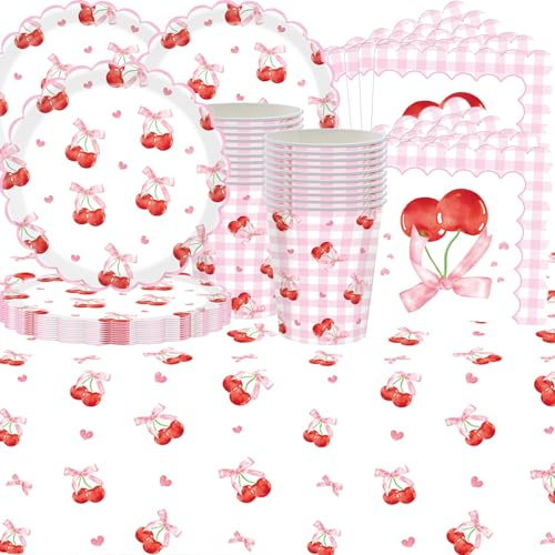 61 piezas rosa Lace Cherry vajilla para fiestas de cumpleaños de niñas, incluye platos de papel, vasos de papel, servilletas de papel y manteles para una fiesta de cumpleaños para 20 personas