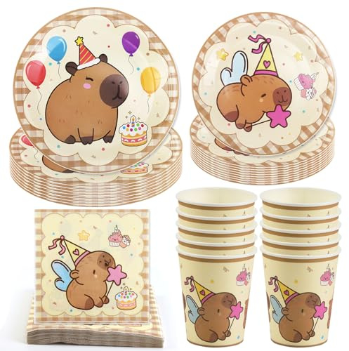 Hmfmdy Juego de Vajilla para Fiesta de Animales, 50 Piezas Decoración de Fiesta de Capibara, Vajilla de Cumpleaños Infantil con Platos, Vasos Servilletas Papel - 10 Invitados