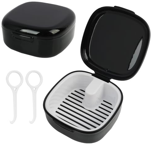 7.8x7.8x3.8cm Boite Dentier, Boîte à appareil dentaire, avec et Filtre, Conteneur Portable pour Nettoyage et Conservation de Prothèses, Appareils Dentaires et Protège-dents, Noir (Noir)