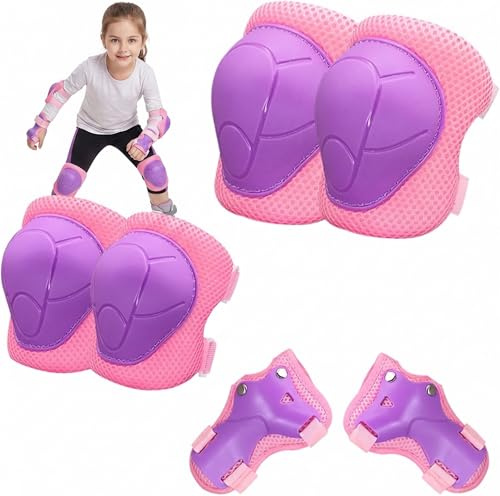 6 in 1 Protection Roller, Protection Roller Enfant, avec Genouillères, Coudières et Protège-Poignets, pour Enfants de 3 à 12 Ans, Adapté au Patinage en Plein Air et au Cyclisme (Rose Violet)