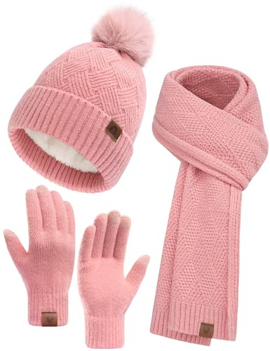 heekpek Mütze Schal Touchscreen Hhandschuhe Set für Damen Winter Frauen Geschenkset Beanie mit Bommel Fleece Gefütterte Warm Wintermütze 3 in 1 Set, Rosa