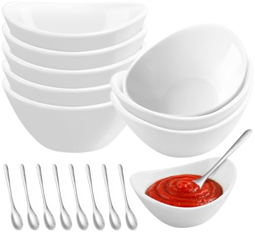 Ferenando 8 Pack Ceramic Dipping Bowls with Spoons, 60ml/2oz Porcelain Soy Sauce Dishes, Small Dip Bowls, White Small Dishes for Nibbles, Sushi, Snacks, Tomato Sauce, Condiments, Dishwasher Safe