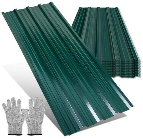 Jaxguom Trapezblech 24er Set,Dachplatten 129cm x 46cm,7m²,Wellblechplatten für Dach,Carports,Zwingern,mit Schnittfest Handschuhe,Blechdach Platten Verzinktem Metall Grün