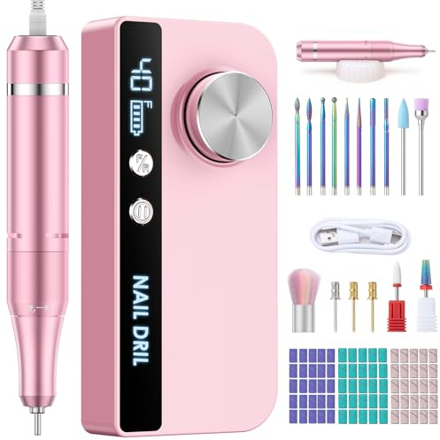 Electric Nail Drill, 40000RPM Professional Nail File Machine with 15 Drill Bits & LCD Display, Portable Rechargeable Nail File Drill Set for Acrylic and Gel Nails, Manicure Pedicure Kit