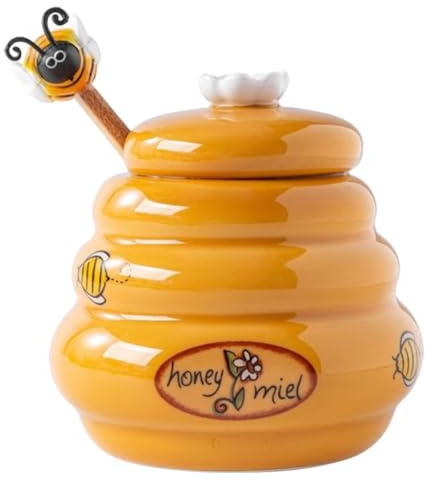 DECOMELODY Pot de Miel en Céramique 140ml avec Couvercle et Louche en Bois, Récipient Solide et Sûr Cuisine, Set de 1 pour Conservation du Miel