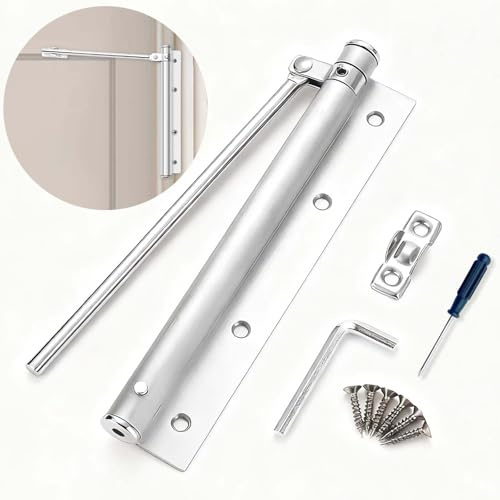 Chiudiporta Automatico Argento – Set Completo con 2 Cacciaviti, Base, Chiudiporta e 6 Viti – Facile da Installare, Riduce Rumore e Forza di Chiusura – Adatto per Porte in Legno e Alluminio