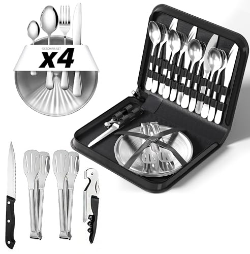 Juego de vajilla de camping con 4 persoen, cubertería de camping con tenedores de acero inoxidable, cuchillo y cuchara, incluye funda para cubiertos, cubiertos portátiles para exteriores, picnic y