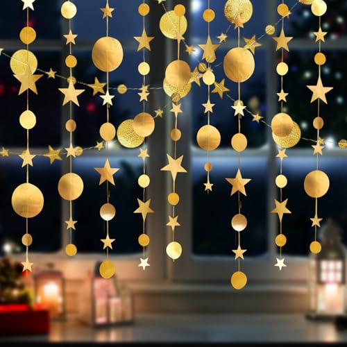 IGXX Festone di carta glitterata oro confezione da 4-16 m stelle e cerchi, decorazioni per festa compleanno, matrimonio, baby shower
