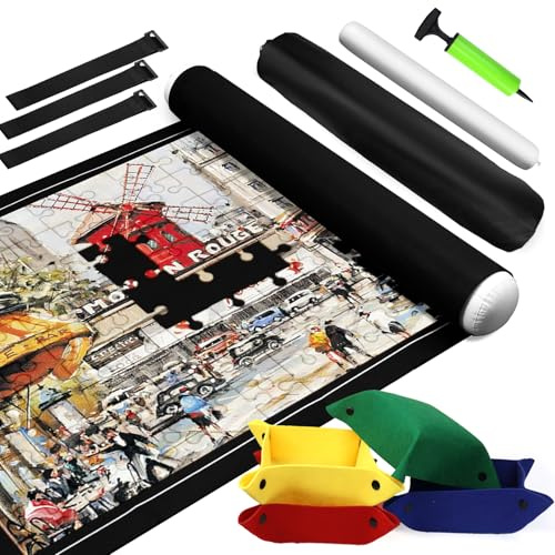 Puzzlematte 500 1000 1500 Teile Puzzle Matte Roll Puzzleunterlage Puzzlerolle Puzzelmatten für Puzzles bis 1500 Puzzle Rollmatte mit 4 Filzsortierschalen, zur Aufbewahrung von Puzzles (für 2000 Teile)