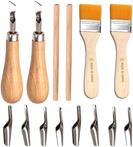 16 Piece Lino Cutting Tools Kit Lino Printing Tool Set & Wood Carving Kit | Stainless steel, wood; Canvas, rubber and engraving; Printmakers, craft enthusiasts; 10 blades, 2 brushes, replaceable blades