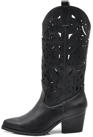 IF Stivali Texani Donna Western in Pelle Sintetica Vegana, Design Traforato, Tacco Medio e Punta Affusolata MP633-1 nero 39