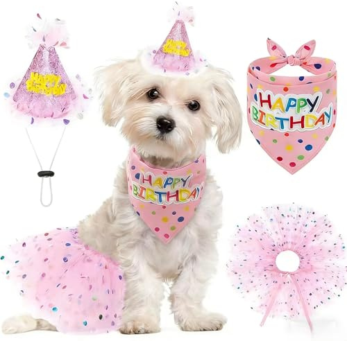Set di 3 pezzi per cani di compleanno con foulard, cappello e tutu, carino costume per cani di piccola e media taglia, accessorio per feste per cani (rosa)
