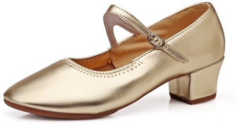 Chaussures Traditionnelles à Talons épais, Chaussures de Danse, Chaussures de mariée, Ballerines à Talons carrés, Chaussures élégantes à Boucle. (Gold, 42)
