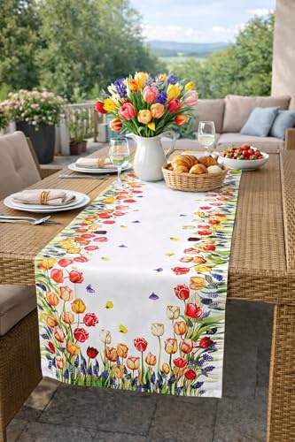 KAMACA Tischläufer Tulpen und Schmetterlinge – 40x140 cm Läufer für Frühling & Sommer – Farbenfrohes Tulpen-Design für Küche & Esstisch – Hochwertige Tischwäsche waschbar & ganzjährig dekorativ