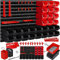 MASKO® Stapelboxen + Wandregal + Werkzeughalter 45-teiliges Set Box erweiterbar Sichtlagerkästen Schüttenregal Steckregal, Hängeregal Sortimentskasten Kleinteilemagazin Werkstatt-Regal Schwarz/Rot