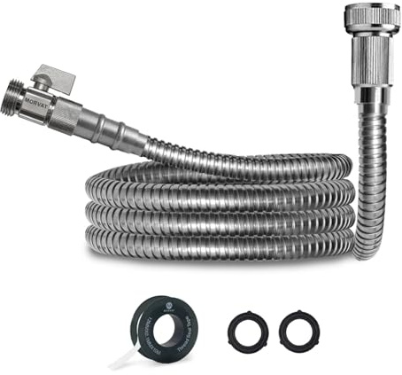 Morvat Heavy Duty 3 Foot Stainless Steel Garden Hose with All Brass Shut-Off Valve, Kink and Tangle Free, Crush and Puncture Resistant, Includes Roll of Teflon Tape and Extra Washers