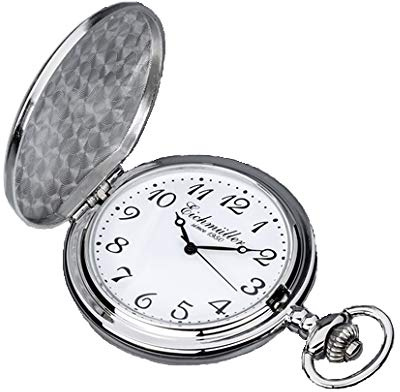 Eichmüller Reloj de bolsillo de cuarzo plata Savonnette Vintage 45 mm con caja de terciopelo y cadena, Vintage Luxury