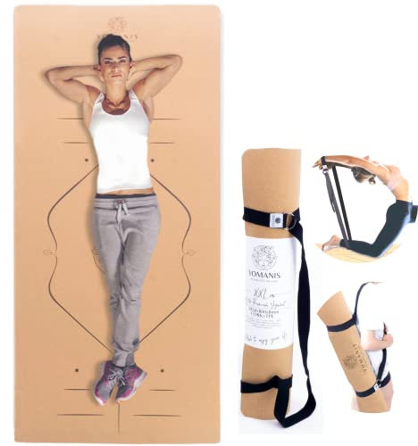 YOMANIS XXLux 183x80cm x 8mm KORK Yoga Matte, Extra 80 cm breit+8mm stark*. Antirutsch Good Grip CORK Workout Premium-Matte + 2in1 Cotton-Yogagurt/Tragegurt | für Yoga, Gymnastik und Pilates