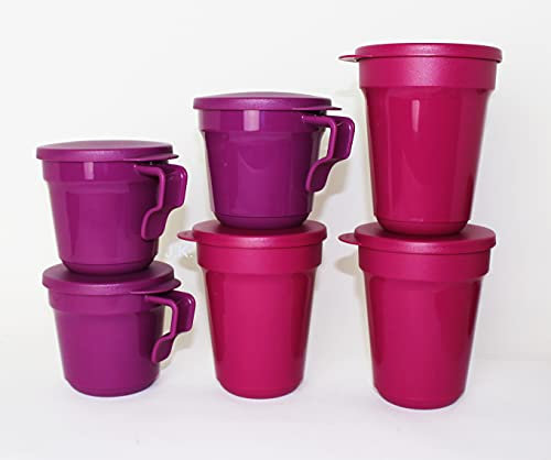 TUPPERWARE Aloha 3x Trinkbecher 470ml Beere + Aloha 3x Tasse mit Henkel 350ml Lila + 750ml Goldene Flasche