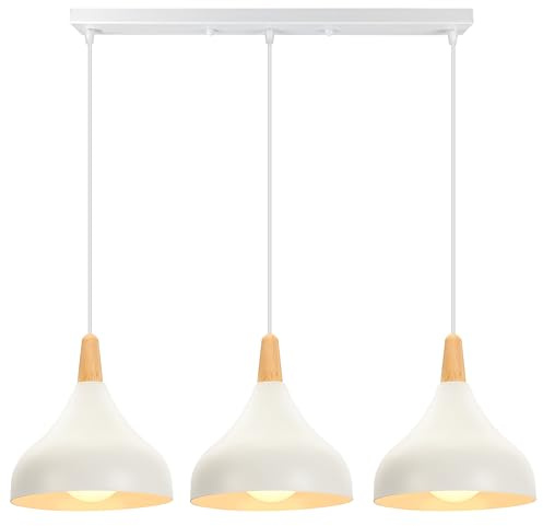 iDEGU 3-flammig Hängelampe Retro E27 Hängeleuchte Moderne Tropfenförmig Lampenschirm Pendelleuchte aus Metall Holz Vintage Lampe für Esszimmer Küche Wohnzimmer Schlafzimmer (Balken, Weiß)