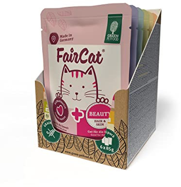 Green Petfood FairCat Beauty (8 x 85 g), getreidefreies Katzenfutter, Katzennassfutter mit Tierwohl-Hühnchen und Lachs aus argerechter Haltung, Katzenfutter mit Hanföl für schönes Fell, 8er-Pack