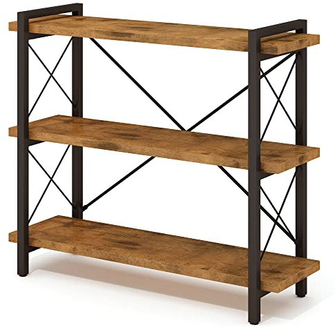 HCHQHS Bookshelf, 3-Tier Industrial Bookcase, Rustic Open Book Shelf, Wood and Metal Horizontal Bookshelves