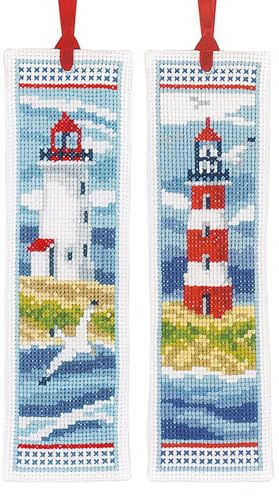 Vervaco Lesezeichen Kreuzstich Stickpackungen Gezählter Kreuzstich Set Leuchttürme 2er DIY Set Erwachsene Sticken Lesen Zubehör Geschenk Zählmusterpackung ca. 6 x 20 cm Stickset für Anfänger