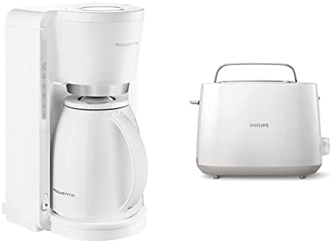 Rowenta CT3801 Filter- Kaffeemaschine Adagio Milano | Mit Kunststoff-Thermokanne | 8-12 Tassen | Weiß/Edelstahl & Philips Toaster – 2 Toastschlitze, 8 Stufen, Brötchenaufsatz, weiß (HD2581/00)