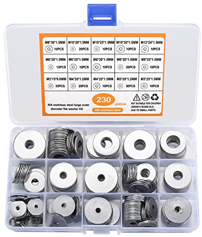 Rondelle Piatte Grandi, Rondelle Acciaio Inossidabile Assortimento Set, Rondella Metallica Parafango Piana, Rondella Distanziatrice per Viti Bulloni, M3/M4/M5/M6/M8/M10/M12 (230 argento)