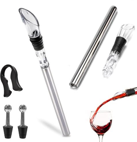 Weinkühler Set, 2 Kühlstäben +2 Ausgießer +2 Flaschenverschluss +1 Folienschneider, Edelstahl Weinkühler Stab, Ideales Weinzubehör für jede Flaschengröße + Dekanter und Flaschenverschluss
