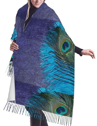 GRatka Schal, Lila und Blaugrüner Pfau, Unisex-Schal mit Fransen, großer, warmer, weicher Kaschmir-Schal, Wickeltücher, 196 x 68 cm