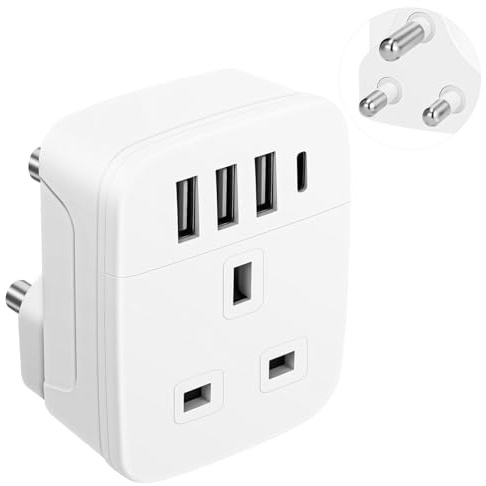 UK to South Africa Plug Adapter,Ground UK to SA Travel Adaptor with 4 USB | 1 USB C 17W Charger,Power Adapter for South African,Namibia,Swaziland,Lesotho,Bhutan,Botswana(Type M)