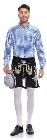 Premium Lederhose Herren Tracht Trachtenhose Kurz Original Trachtenlederhosen Lederhosen mit Trachtenhemd Hosenträger Trachtenhut Schwarz Lederhosen Trachten Kurze für Oktoberfest Outfit