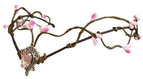 LXHZSY Elfenkrone Elfenzweige Tiara Elfen Kopfschmuck Feenkrone Reif Mondstein mit rosa Edelstein for Feenkostüm Frauen Diadem