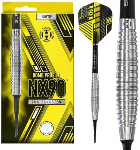 Harrows NX90 Darts-Set I Profi-Dartpfeile, 90% Wolfram, weiche Spitze, 18 g und 20 g, Pro-Darts I 10-teiliges Set mit schwarzen Supergrip-Midi-Schäften und NX90-Flights (20 Grams)