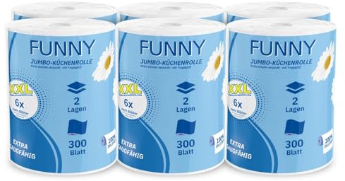 Funny Jumbo-Küchenrolle XXL 6 Rollen | 2-lagig, 100% Saugstarker Zellstoff, 300 Blatt pro Rolle | Vorteilspack mit Tragegriff, 22,4 x 21 cm | Ideal für Küche, Bad & Haushalt