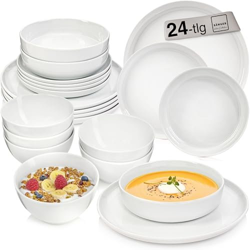 SÄNGER | Tafelservice Marlo Weiß, 24-teiliges Geschirrset für 6 Personen mit Dessert-, Speisetellern, Schalen & Müslischalen aus Porzellan, Teller Set, Essgeschirr, moderne Form PREMIUM COLLECTION