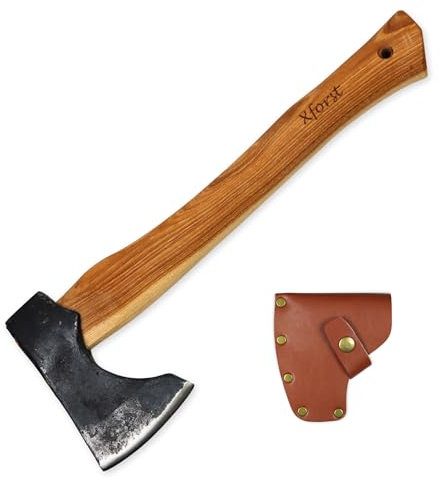 Xforst Ascia Accetta vichinga, scure da sopravvivenza con fodero in pelle – Acciaio al carbonio forgiato, affilata, manico in legno di noce americano, modello X-TA5B