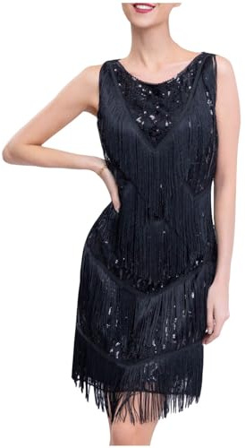 Robe des années 20 pour femme Gatsby années 1920, robe à franges, robe courte, costume Charleston, robe à paillettes, robe de carnaval à franges, robe de carnaval, Noir , XL