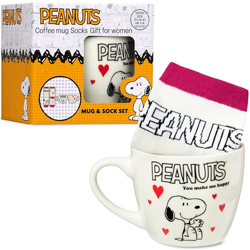 Get Trend Peanuts Snoopy Tasse und Socken Damen Teens, 340ml/11.5oz Keramik Kaffeebecher, Weich Kuschelsocken 36–41 Größe, Kawaii Geschenke für Frauen Teenager (Rosa Snoopy)
