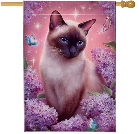 Bandiera da giardino floreale per gatti primaverili ed estivi, con fiori viola e lilla, decorazione per esterni, striscione in iuta su entrambi i lati per la decorazione del prato, 71 x 101 cm