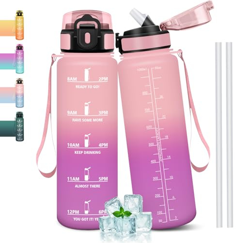 Mulbijeo Gourde 1l, Étanches, Gourde Paille, sans BPA & Réutilisable, Bouteille, Motivation Bouteille d'eau, Avec Marqueur de Temps, Gourde Sport pour Gym, Ecole, Cyclisme, Plein air, Sport