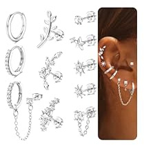 Dochais 11Pcs Pendientes Mujer Piercing Oreja Pendientes Acero Inoxidable Mujer Hipoalergenicos Chapado en Plata Pendiente Plano Aro Botón Cadena Piercing Tragus Helix Cartílago Conch