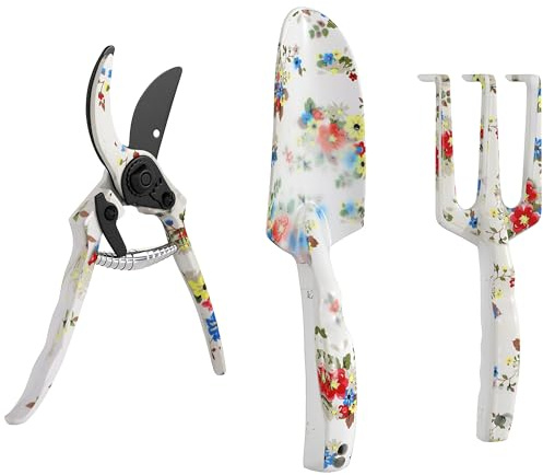 Outsunny Ensemble Jardinage 3 Pcs Aluminium avec Motif Floral – Sécateur | Truelle, Râteau à Main, Idéal pour Entretien et Taille des Plantes, Outillage de Jardin