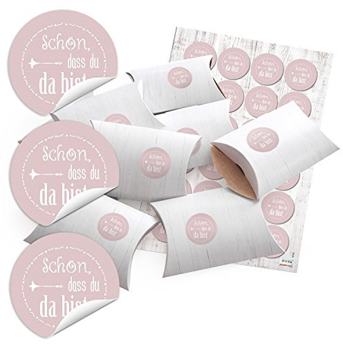 Logbuch-Verlag 24 kleine weiße Geschenkschachteln Schön dass Du da bist Sticker rosa Verpackung 14,5 x 10,5 x 3 cm