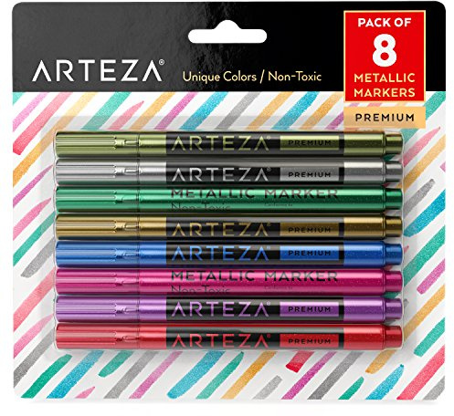 ARTEZA Wine Glass Markers, Set of 8 Washable Metallic Paint Pens, Quick-Drying Erasable Markers for Glassboards, Ceramic Plates, Mirrors