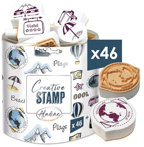 Aladine – Stampo Scrapbooking-Set mit Reisemotiv – Stempelset für kreative Postkarten – DIY Basteln – Stempelset zum überall Mitnehmen + Stempelkissen schwarz inklusive