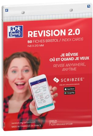 OXFORD Revision 2.0 Lot de 50 Fiches bristol format A5 (14, 8 x 21cm) petits carreaux Recto/Verso - cadre Blanc