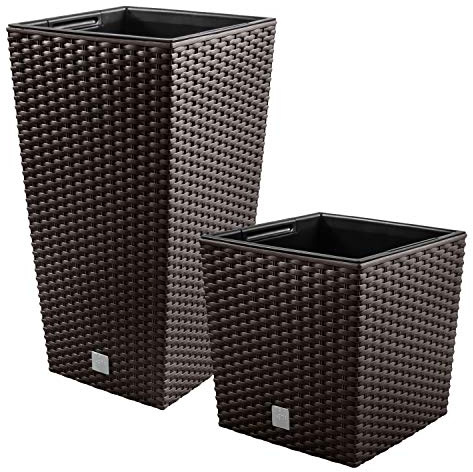 PAFEN 2in1 Set 2X Blumentopf Blumenkübel Rattan-Optik 4 Farben Pflanztopf inkl. Einsatz XL-Set (Umbra)